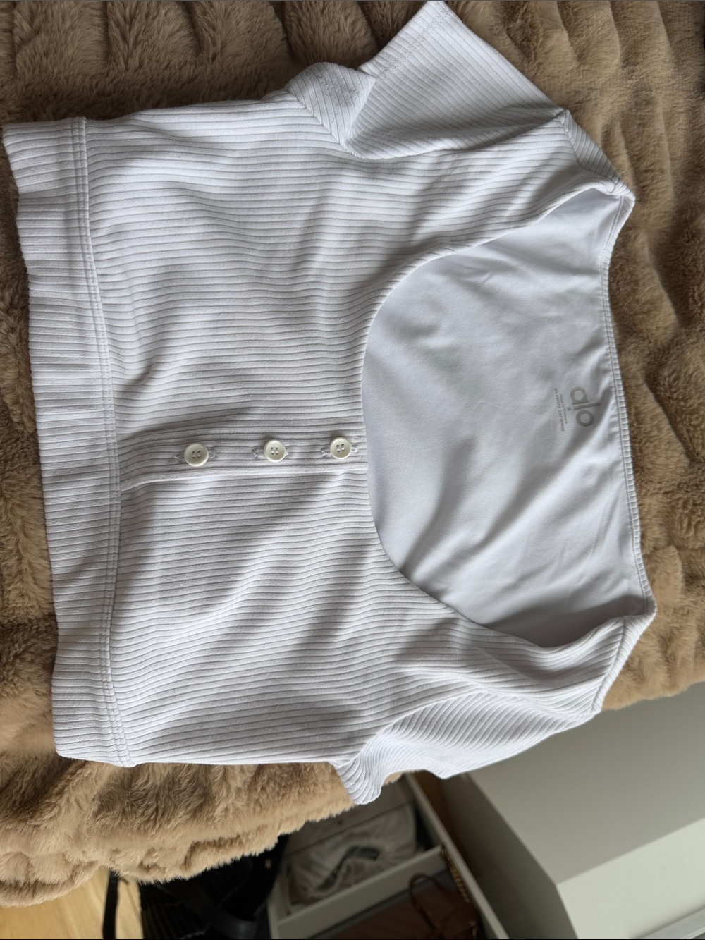 ALO Yoga White Ribbed Button-Up Short Sleeve Tee